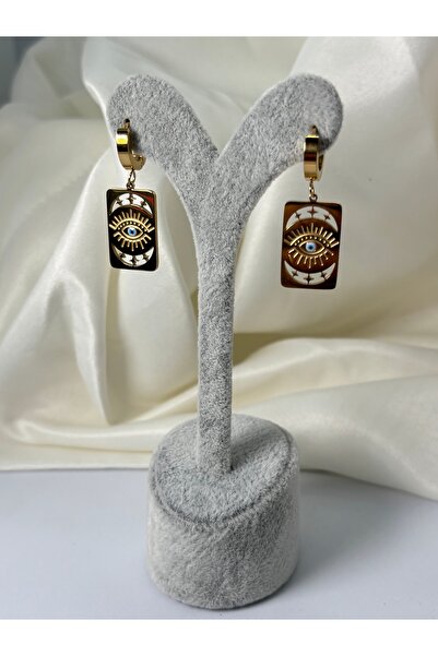 divakse Steel Earring with Evil Eye Bead Plate Model Gold