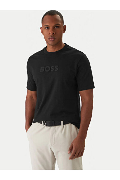 BOSS Men's Regular Fit Round Neck Cotton Short Sleeve Black Polo Neck T-Shirt 50553652-001