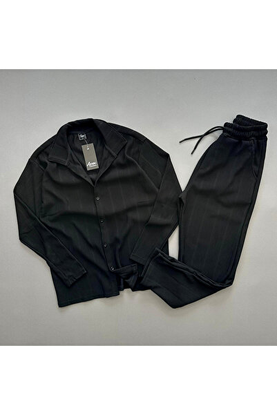 Richarlison Мъжки черен комплект с панталони с еластична талия и копчета от о...