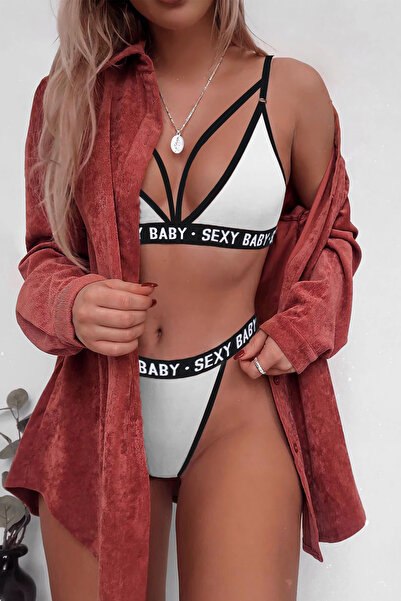 İntive Lingerie Women's White Text Detailed Drawstring Bra Set