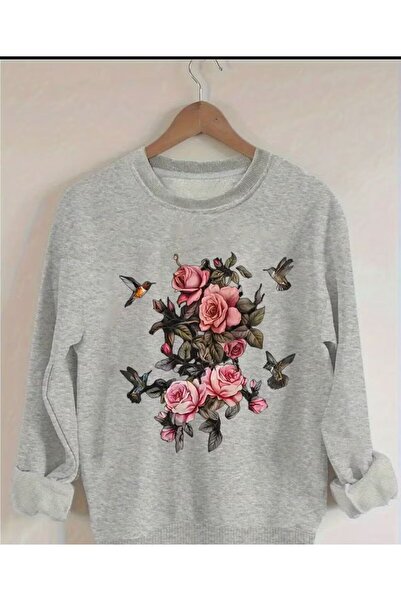 herkesemoda Pink Rose Print Detailed Crew Neck Sweatshirt