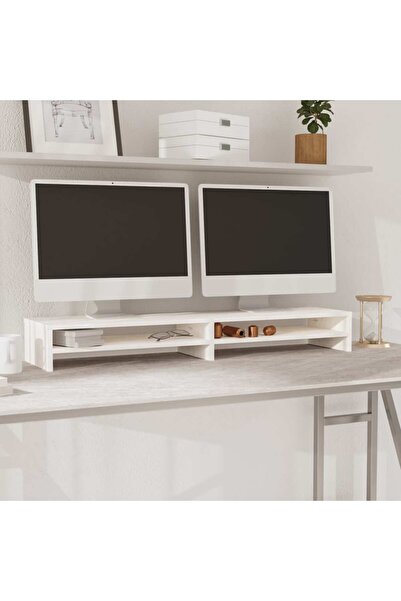 vidaxl Monitor Stand White 100x24x13 cm Solid Wood Pine
