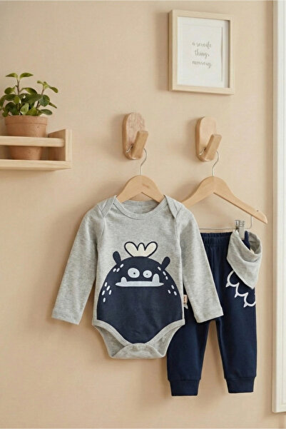 Bebişto Cute Monster Printed 3-Piece Baby Boy Set: Snap-On Bodysuit, Pants an...