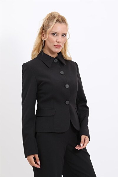 ÖNDER ÖZSOY سترة نسائية بأزرار على شكل ياقة قميص - أسود