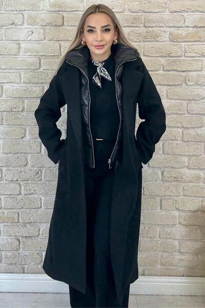 Muna Boutique Black Cashmere Women's Coat with Inflatable Vest Detail