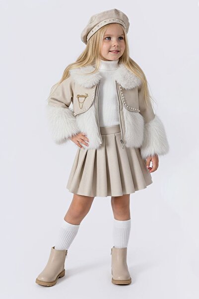 Minigimin Cicileri طقم من 4 قطع للفتيات من Miniğimin يتضمن سترة من الفرو مع تنورة مطوية وقبعة - لون كريمي