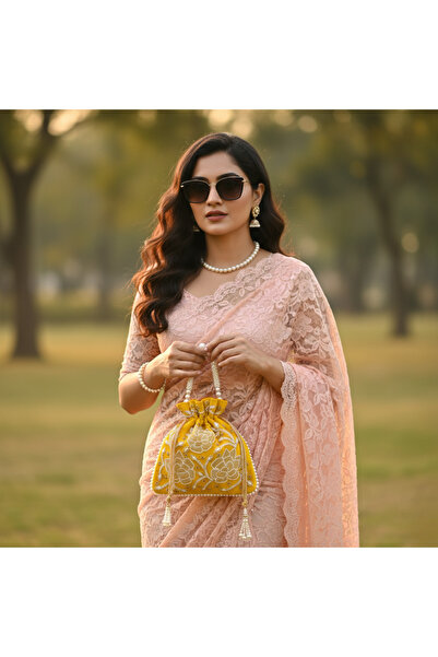 KIYAY Yellow Embroidered Potli Bag with Pearl Handle & Beaded Drawstring