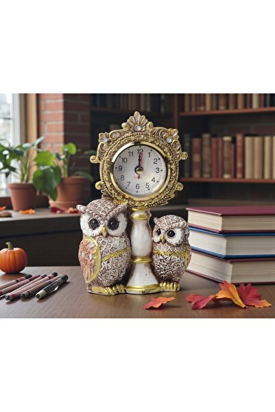 VDT STORE Saatli Lüks İşlemeli Çift Baykuş Heykeli | Dekoratif Masaüstü Biblo | Ev & Ofis Hediyesi | 17 cm
