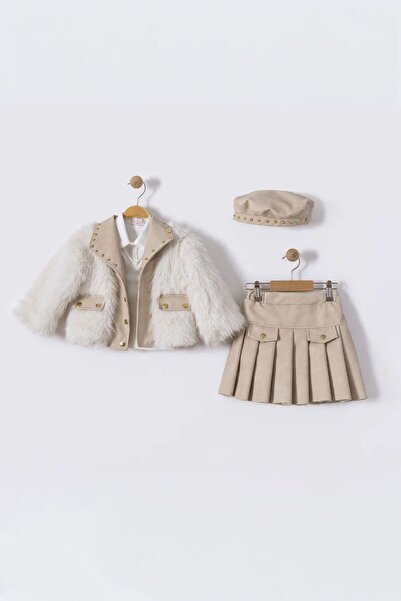 Minigimin Cicileri Set pentru fetiță cu jachetă cu blană, fustă plisată și pă...