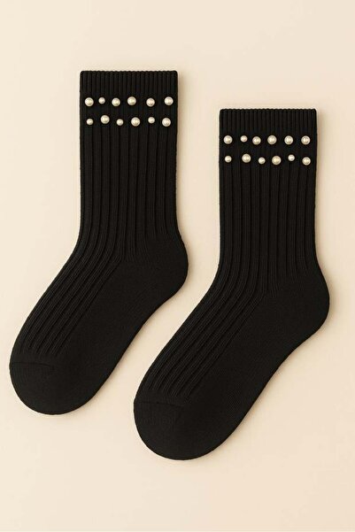BONY SOCKS Women's Pearl Accessory F Corded Fabric Socks Black