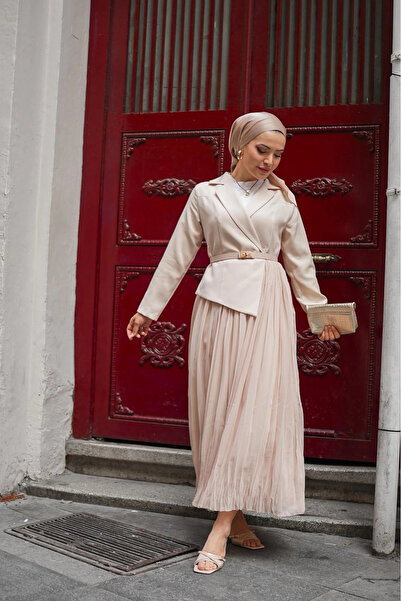 Butik bej double şifon elbise