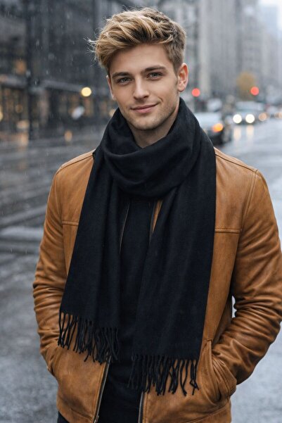 FELLMENS Black Wool Cashmere Tasseled Men's Scarf 180X33 cm