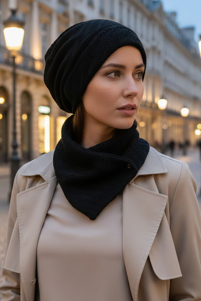 Aişe tesettür Siyah Triko Bere Ve Etol Takım