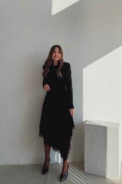 ELVAN TOLON Rochie neagră cu dantelă la tiv