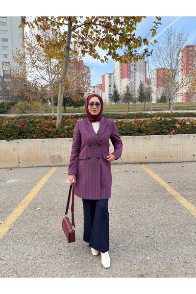Fatma Atasoy Ekose Bordo Palazzo Ceket
