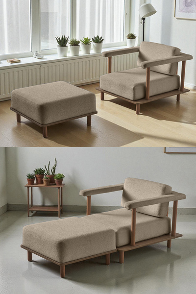 Eymense Pia Tekli Koltuk + Puf Sütlü Kahve