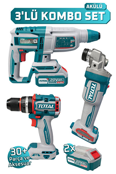 TOTAL TOSLI241198E 20V Akülü 3lü Kombin Set Matkap Vidalama Spiral Taşlama 2x4Ah Batarya Taşıma Çantalı