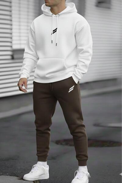 CAST COLLECTİON طقم رياضي رجالي أبيض مزدوج الخط مطبوع بني