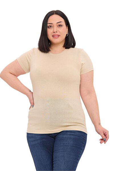 DISENTIS MODEST Plus Size Crew Neck Short Sleeve Viscose Beige Color Bodysuit