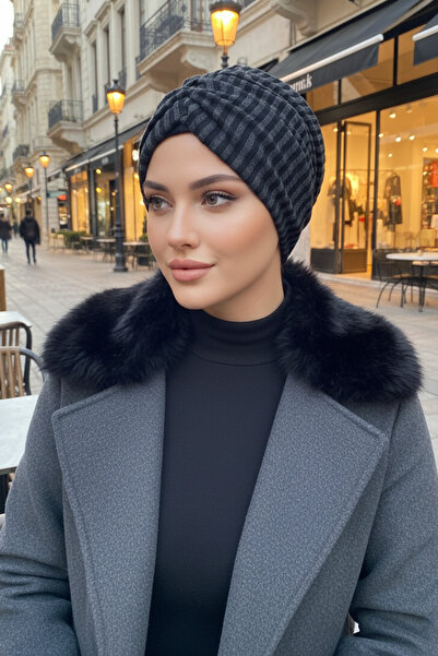 Aişe tesettür Füme Siyah Çizgili Büzgülü Salaş Bone