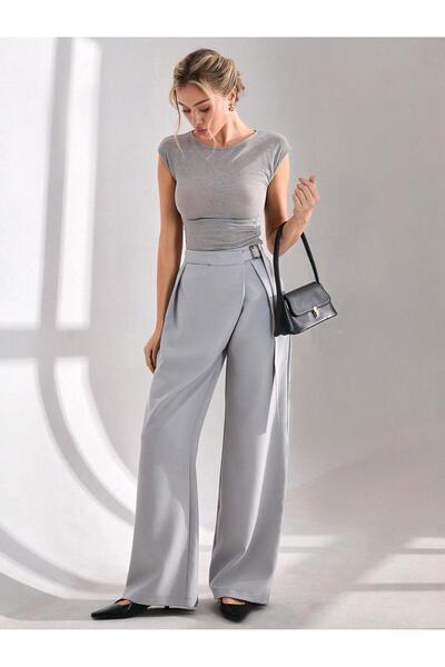 ROAVA Modern Silhouette Belted Comfortable Fit Wide Leg Trousers Gray