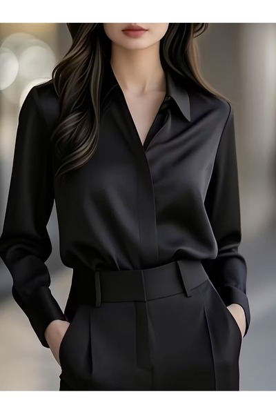 By shirts Kadın Gömlek Saten Trend ModeL GizLi Dügme