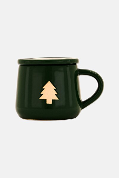 Muy Mucho Stoneware Christmas Tree Print Cup With Lid 400 ml, Green