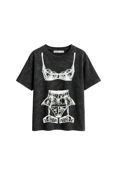 CİNEMA MODA Valentine cu imprimeu croi relaxat Negru lavabil pentru femei tricou