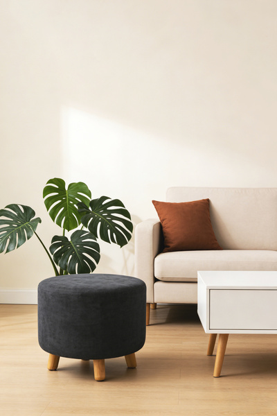 Bleco Velvet Round Ottoman – Modern Footrest with Wooden Legs