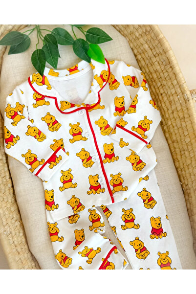 hümabebe Winnie ayıcık baskılı önden düğmeli kenarları biyeli 2 parça pijama ...