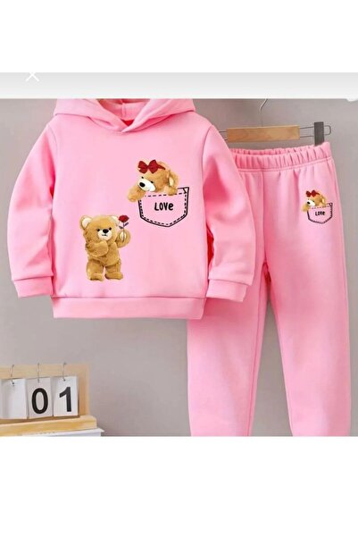 Kids Pembe Kapüşonlu Kalın Kışlık Alt Üst Takım