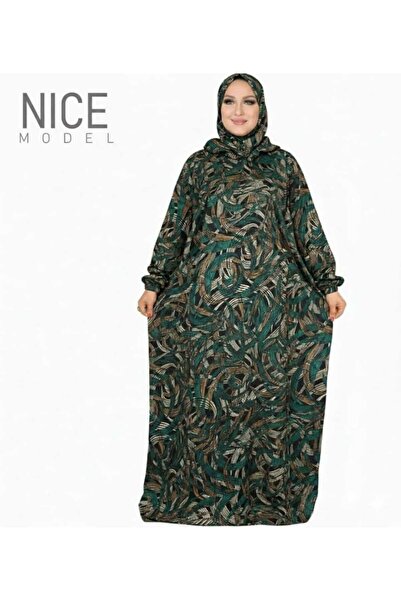 Nice Model Emerald Green Abstract Print Hooded Abaya Plus Size Muslim Modest Maxi Dress Long Sleeve