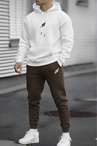 NO 601 Men's White Double Striped Printed Hooded Brown Tracksuit Set