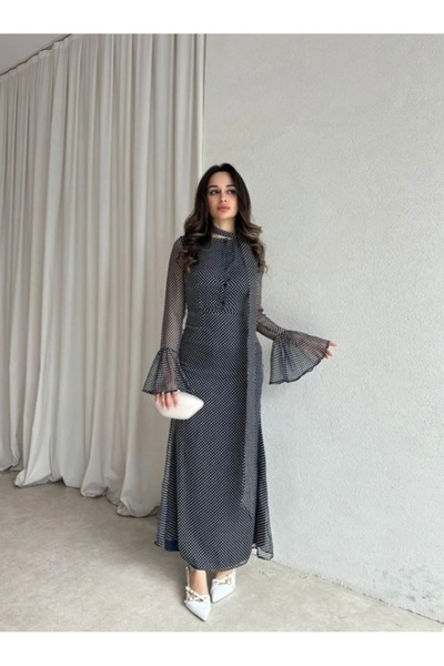 MOVELLA FASHİON PUANTİYELİ ŞAL DETAYLI YENİ SEZON VELLO ELBİSE