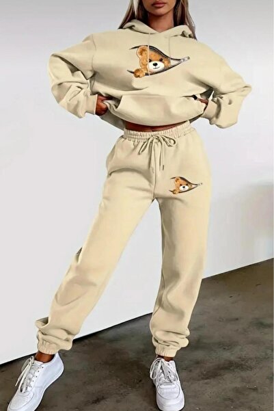 CAST COLLECTİON Women's Beige Zippered Bear Printed Hooded Sweat Tracksuit Set