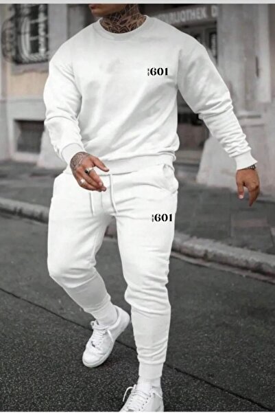 NO 601 Men's White 601 Printed Crew Neck White Sweatpants