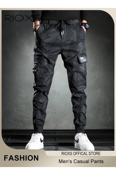 RIOXS Men's Cargo Pants, Casual Camo Joggers Pants, Tapered Streetwear Trousers, Drawstring Elastic Waist