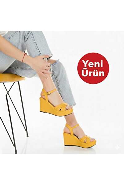 AYDOĞDU by ünal Mustard Summer Wedge Heeled Cross Strap Women's Shoes -520
