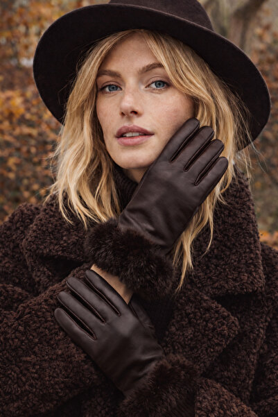 Külah Women's Fur-Lined Faux Leather Gloves - Bitter Brown