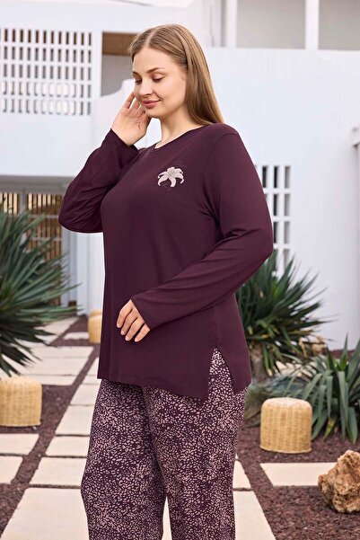 Aydoğan Σετ πιτζάμες με μακρυμάνικο γυναικείο βισκόζη μεγάλου μεγέθους 250497 Plum03