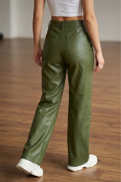 Grenj Fashion Pantaloni din piele kaki, cu cusături în formă de tub, cu detalii de cusătură
