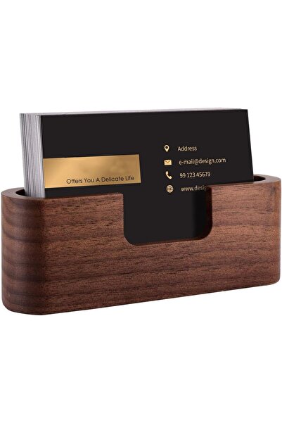 JOYZZZ Business Card Holder for Desk, Black Walnut Wood Desktop Organizer