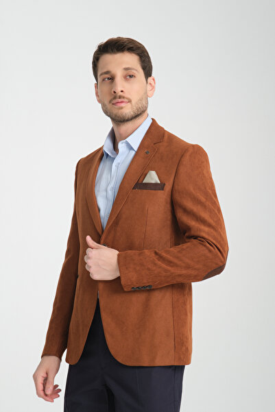 Frappoli Racinos Men's Camel Thick Velvet Fabric Elbow Slim Fit Slim Fit Sports Blazer Jacket