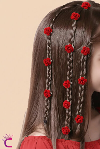 Cinderella 10-Piece Velvet Rose Flower Snap Clip Hair Braid Ornament - Birthday Decoration Barrette Earring Metal