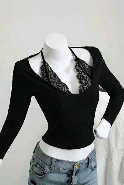 World Fashion Trends Siyah Bağlamalı Dantelli Uzun Kollu Crop