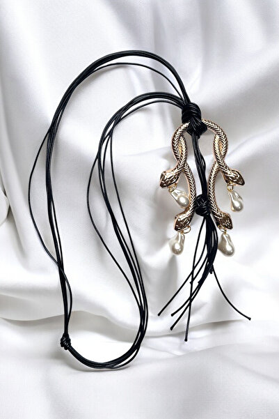 PETEK AKSESUAR 4-Headed Pearl Snake Skin Rope Long Necklace
