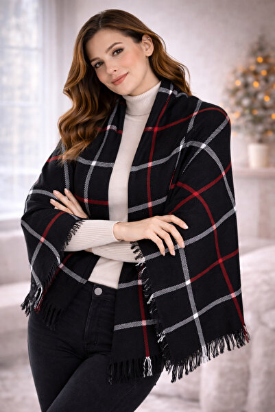 MYZİ STORE Black and Red Plaid Patterned Women's Winter Shawl – Soft Texture, Tassels, Casual & Stylish