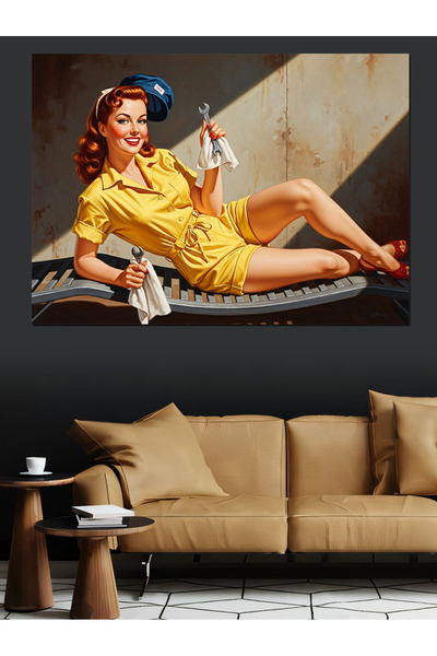 Artmeg Femeie Pin-Up în rochie galbenă Pânză decorativă - Tablou din lemn MDF