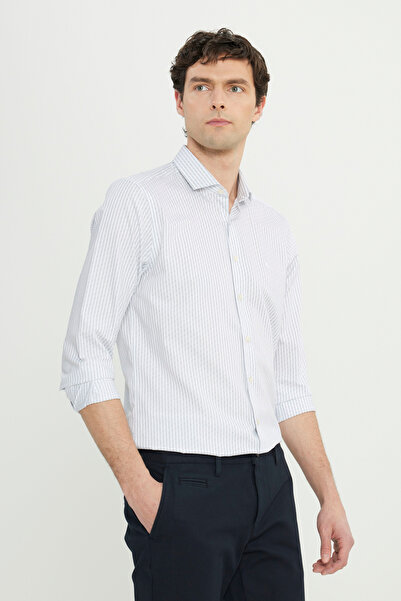 ALTINYILDIZ CLASSICS Men's White-Black 100% Cotton Slim Fit Slim Fit Small Italian Collar Striped Shirt