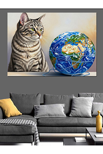 Artmeg Marble Textured Gray Cat and Earth Globe Decorative Canvas - Mdf Wood ...